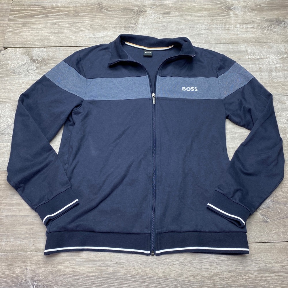 BOSS‎ Tracksuit Jacket Mens XL Navy Blue Cotton Blend Full Zip Sweatshirt Logo